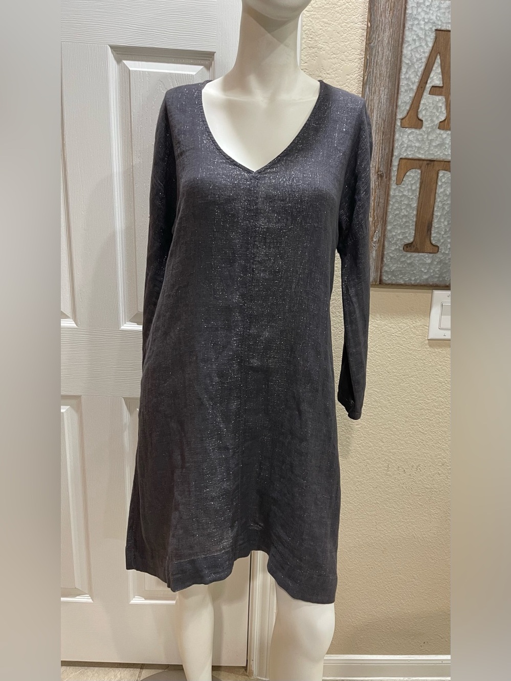 Xirena Dyan Linen Blend Vita Dress Charcoal Gray w/ Silver Sparkle Size XSmall